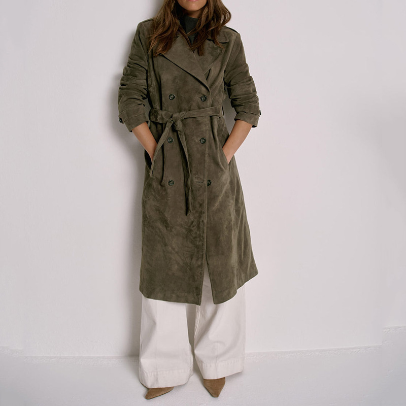 Damen Trenchcoat In Wildlederoptik Mittellang Mit Gürtel Und Knopf_voghion.com