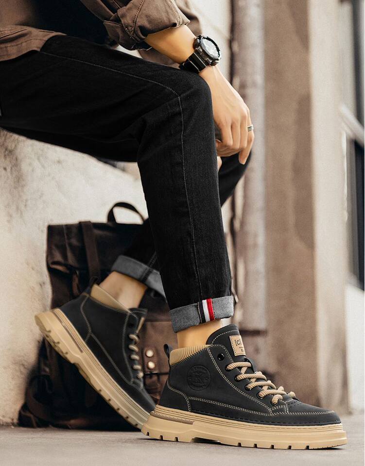 Giày bốt Martin nam cổ trung phong cách Anh cổ điển, giày da buộc dây đế thấp — K8211 kaki, K8211 màu đen chi tiết 15