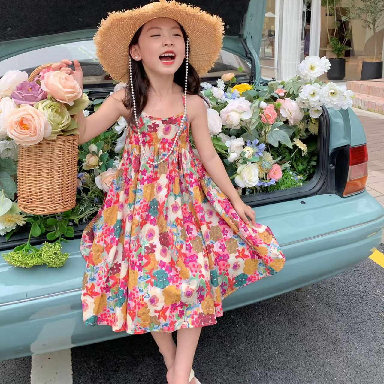 Girls' Suspender Dress 2026 Summer New Style Colorful Floral Print Cute Baby Princess Dress Princess Style