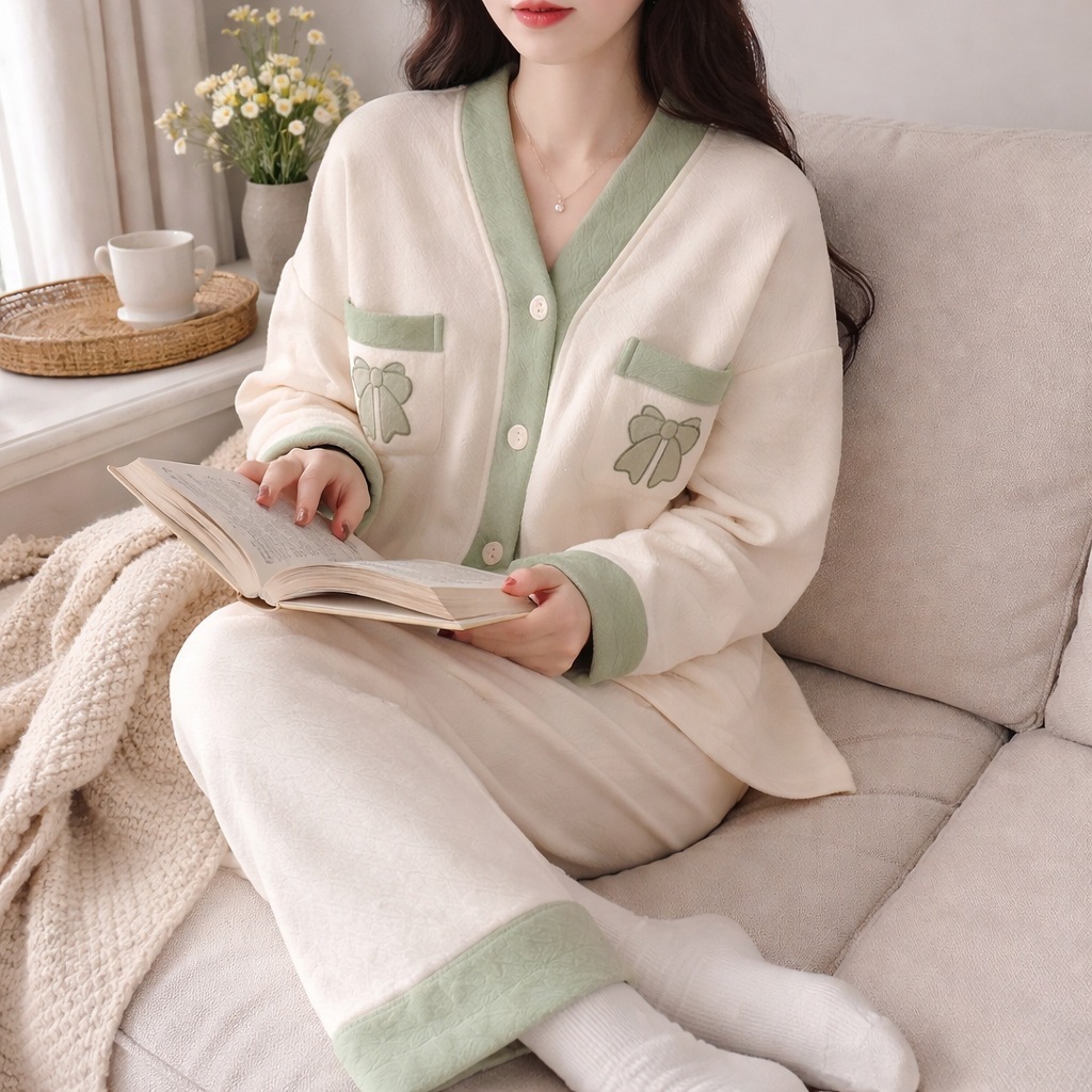 Cereza adorable aire algodón intercalado otoño invierno engrosado pijama mujer 2026 nuevo conjunto de ropa de hogar cálida de manga larga