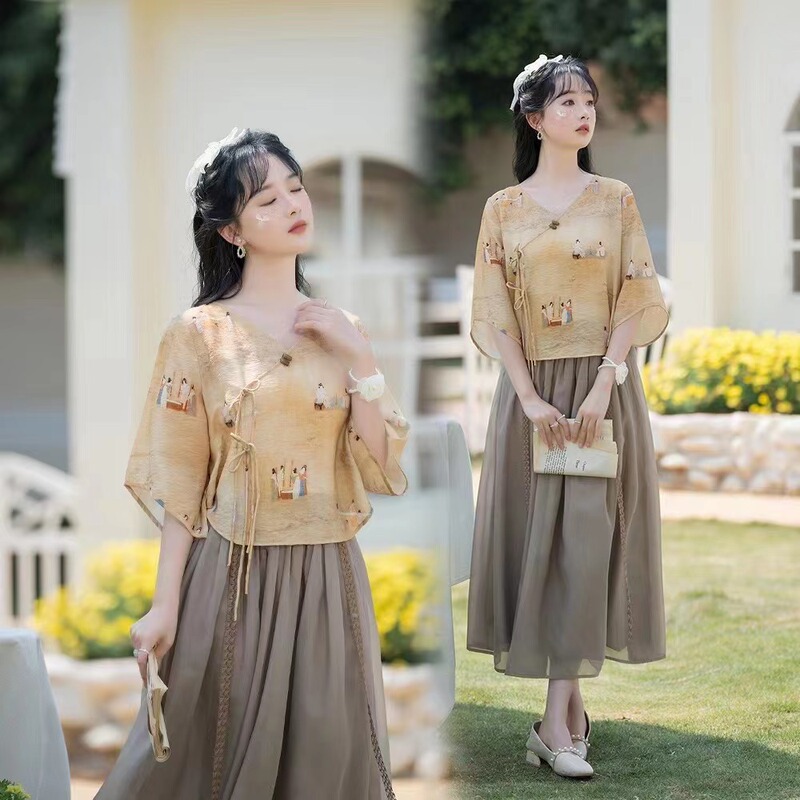 New Retro Art Improved Chinese Tea Clothing V-neck Half Sleeve Printed Top + Chiffon Skirt Two-piece Set