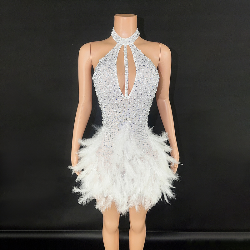 Cross-border European and American hot sale cute sexy miniskirt multi-color skirt feather halter backless dress Cross-border European and American hot sale cute sexy miniskirt multi-color skirt feather halter backless dress