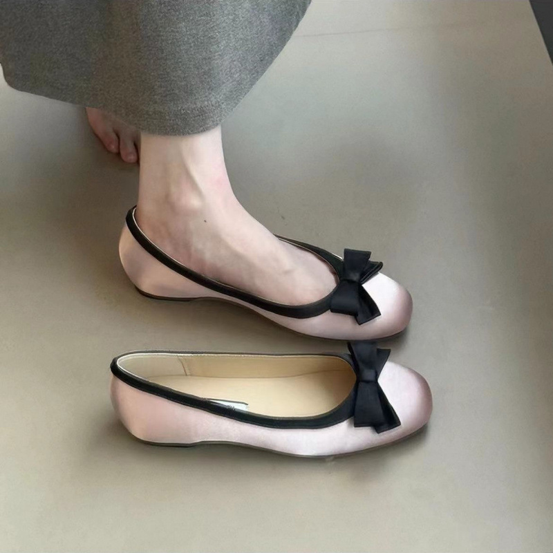 Premium Edition: French Bowknot Low-Heel Slip-On Shoes for Women, Square-Toe Evening Shoes, Black and White Color Block Flat Mules