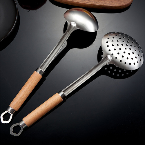 304 solid wood handle stainless steel spoon and soup spatula household kitchen utensil set cooking tools frying spatula wholesale