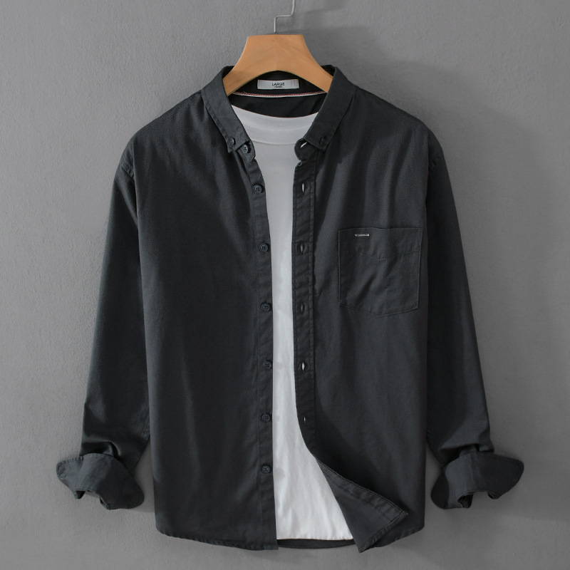 春秋季纯棉衬衫男长袖休闲衬衣外套潮流百搭纯色帅气打底衫9803