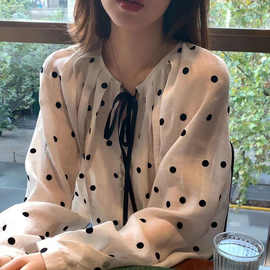 甜美雪纺衫2025春季新款别致系带黑白波点衬衫女防晒衫上衣
