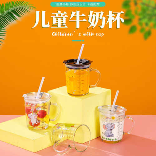 Cartoon Glass Cup Straw Cup Household Children Milk Breakfast Cup Water Cup Creative Handle Measuring Cup Handle Cup