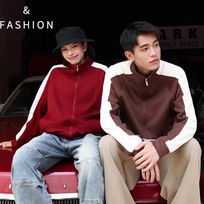 Korean Cotton Thin Color-Blocked Stand-Up Collar Zipper Sweatshirt Baseball Uniform School Uniform Restaurant Auto Repair Work Shop Uniform Printed Logo Picture