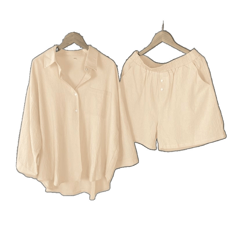 Completo estivo da donna in cotone e lino, composto da camicia e pantaloncini, tinta unita, due pezzi._voghion.com