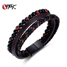 opk饰品欧美个性新品红色虎眼石潮男复古手工多层编织男士皮手链