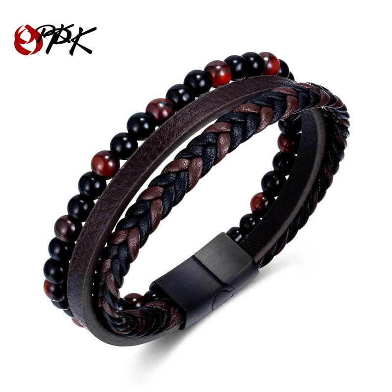 opk饰品欧美个性新品红色虎眼石潮男复古手工多层编织男士皮手链