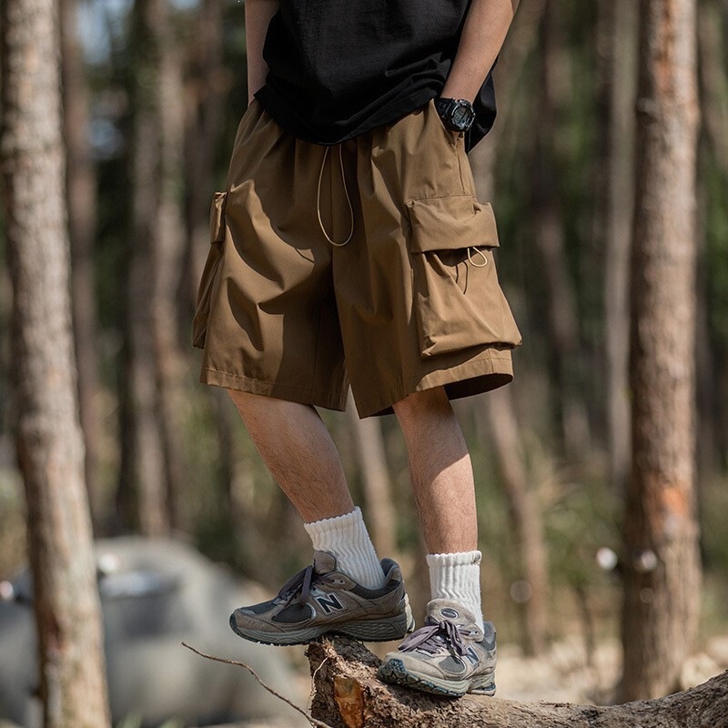 Men's Summer Casual Loose Cargo Shorts with Large Pockets, Elastic Drawstring, Sporty Functional Japanese Style Casual Pants Men's Summer Casual Loose Cargo Shorts with Large Pockets, Elastic Drawstring, Sporty Functional Japanese Style Casual Pants