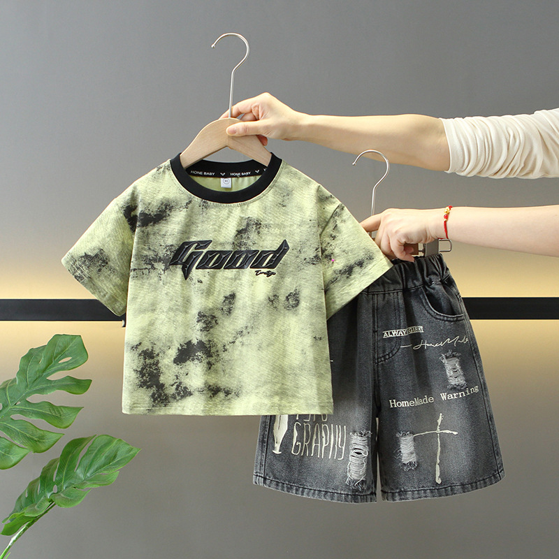 7909 traje de verano para niños 2025 nuevos pantalones cortos de mezclilla de verano para niños de dos piezas ropa de moda occidental para bebés