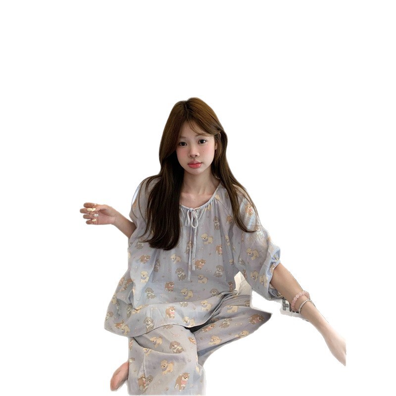 韩国ins女士春秋新品韩版奶蓝狗狗简约慵懒卡通家居服睡衣套装女|undefined