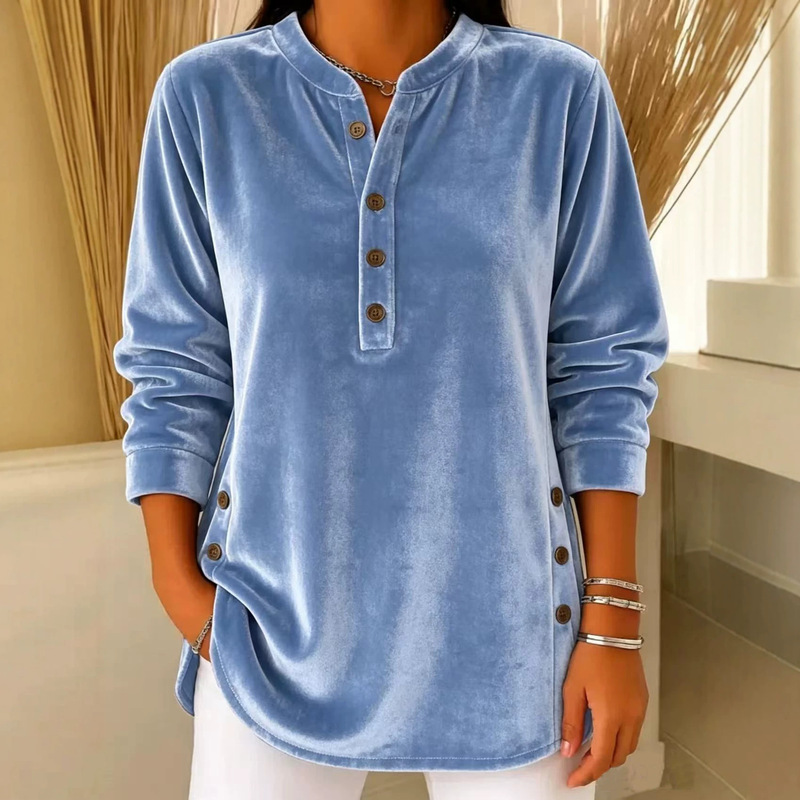 European and American Cross-Border 2026 Autumn and Winter New Women's Tops, Gold Velvet Casual Loose V-Neck Buttoned Long-Sleeve Women's T-Shirt