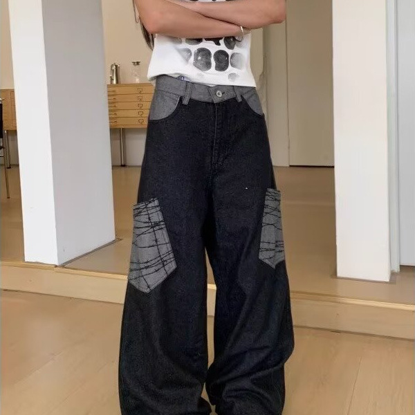 Vintage Plaid Large Pocket Patchwork Jeans Unisex Casual American Style Straight Loose Wide-Leg Pants