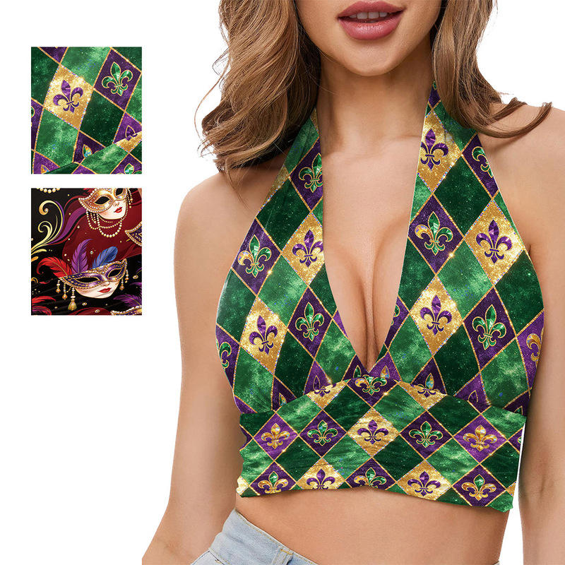 Cross-border Mardi Gras New Orleans Carnival halter neck deep V purple-green gold diamond pattern iris print tank top