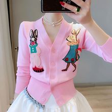 2023轻奢上衣v领针织开衫长袖V领卡通刺绣贴布兔子薄款宽松外套