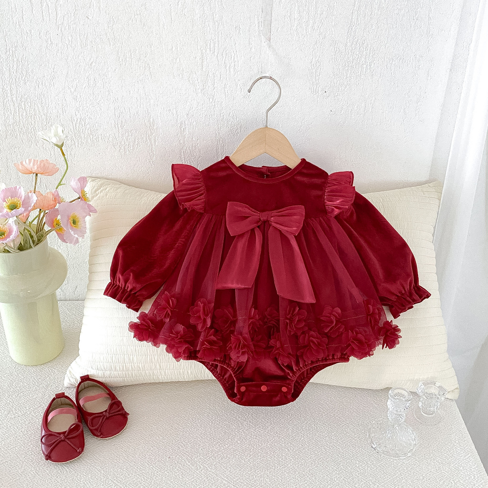 Baby 2026 Spring/Autumn Korean Style Hundred-Day/First Birthday Princess Dress for Girls, Mesh Romper Dress, One-Piece Outfit