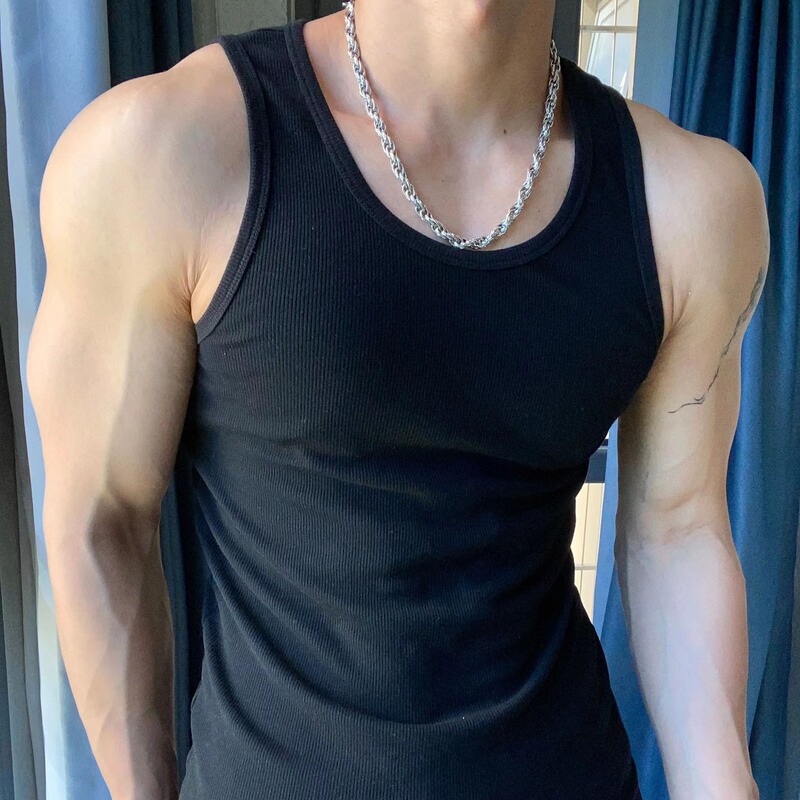 Heavyweight Ribbed Tank Top for Men, Pure White, Round Neck, Versatile, Elastic, Tight-Fitting, Sweat-Absorbent, Sleeveless
