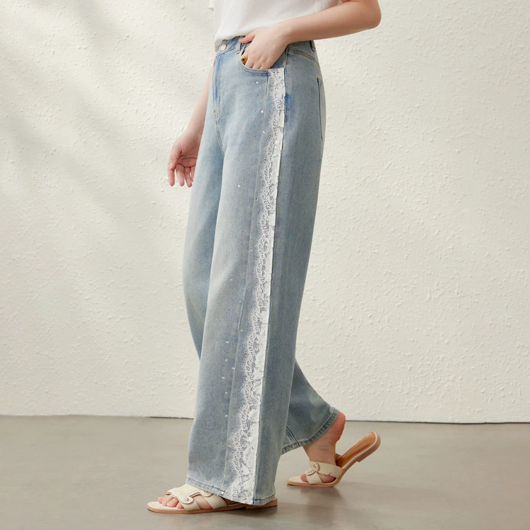 [Дизайнерские кружевные светло-голубые джинсы] Тонкая женская одежда больших размеров, новый летний стиль, мм2025