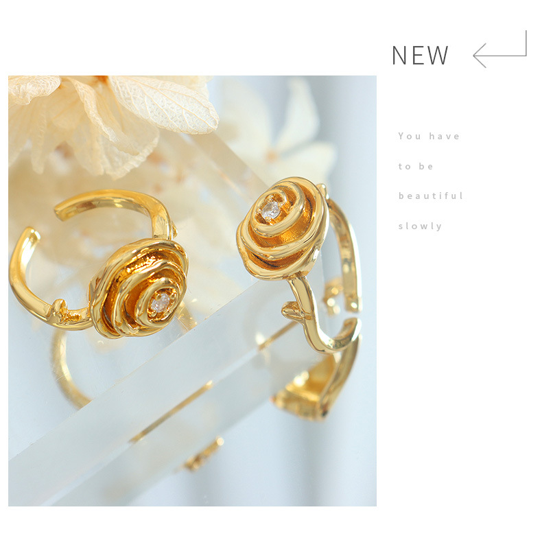 French Style Flower Copper Open Ring Zircon Copper Rings