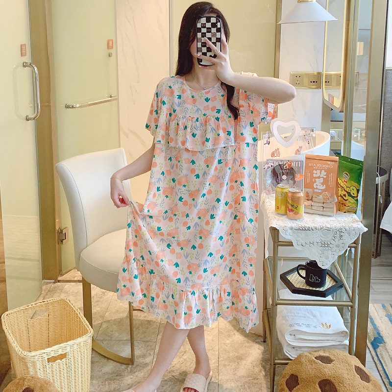 Summer Women's Cotton Silk Nightgown, Loose and Thin, Plus Size Pajamas, Anti-Bump Cotton Silk Loungewear, Can Be Worn Outside