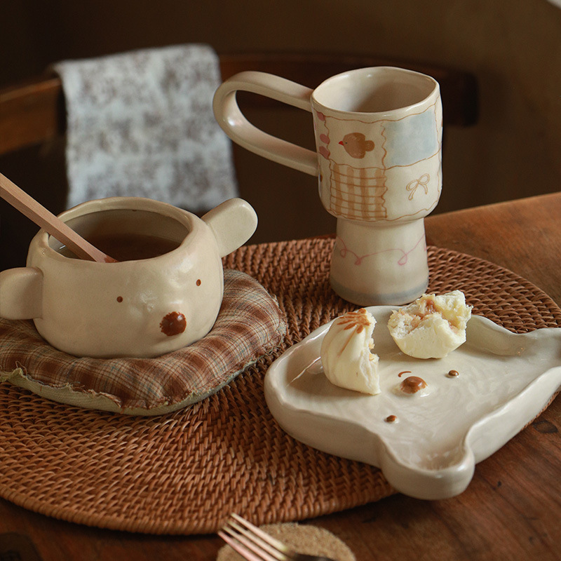 Korean Cute Bear Tableware Set Household Cream Style Ceramic Underglaze Color One-Person Hand-Kneaded Tableware Breakfast Plate