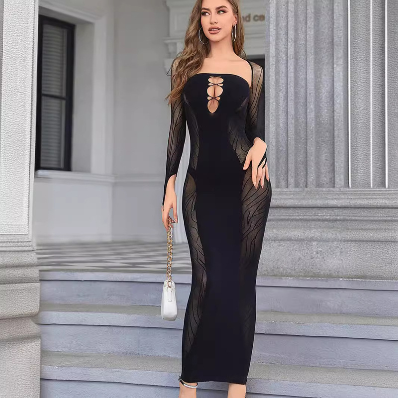 European and American New 2024 Summer Women's Pure Color Square Neck Long-Sleeved Slim Sexy Cut Out Versatile Mid-Length Dress European and American New 2024 Summer Women's Pure Color Square Neck Long-Sleeved Slim Sexy Cut Out Versatile Mid-Length Dress