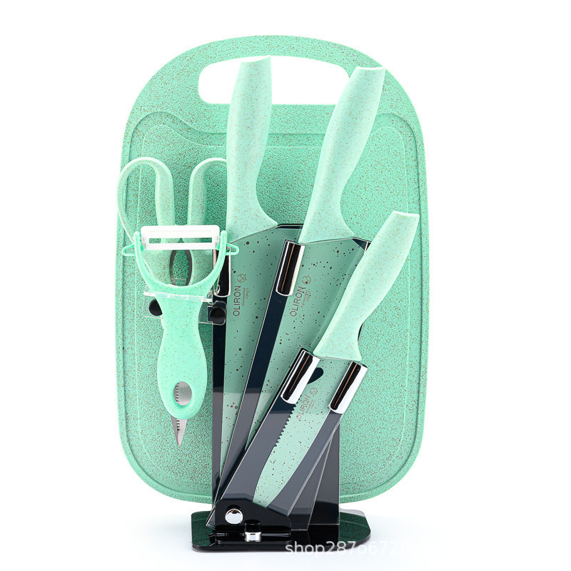 En stock palo de trigo conjunto de siete piezas de regalo de color de acero inoxidable hogar cuchillo conjunto traje cuchillo suplemento de alimentos para bebés tabla de cortar