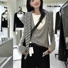 THE LIMON柠檬绿茶2025秋季设计感撞色拼接假两件上衣女百搭T恤