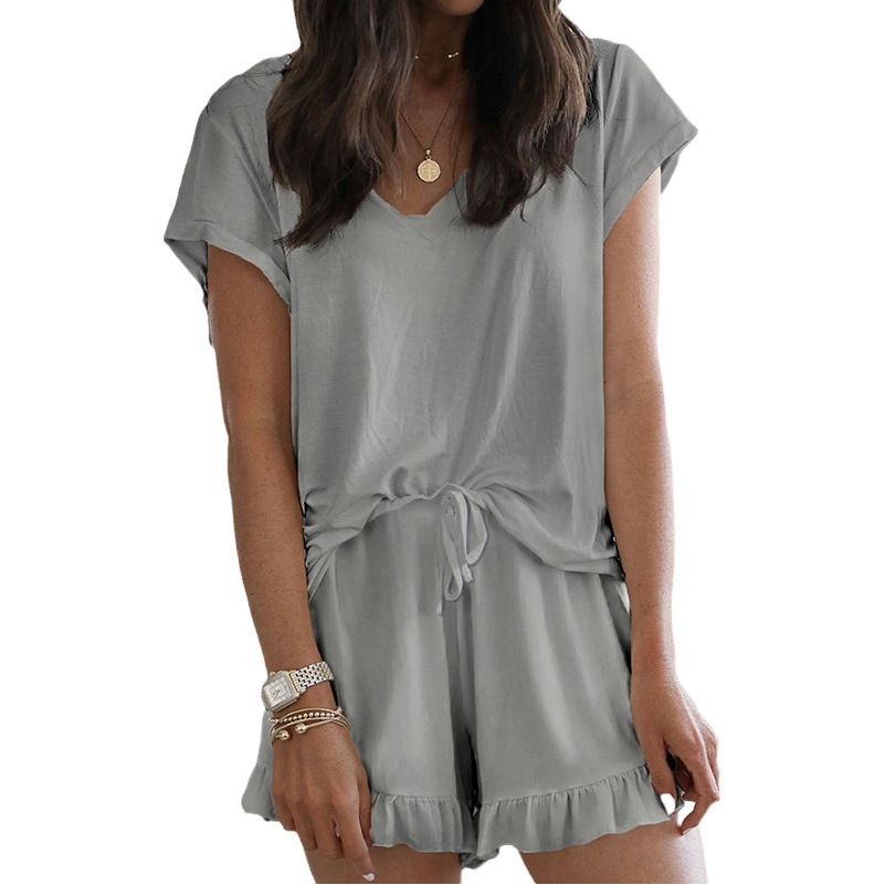 Verano 2020 nuevo hogar de las mujeres desgaste de dos piezas conjunto Amazon V-cuello de color sólido traje casual OM9241