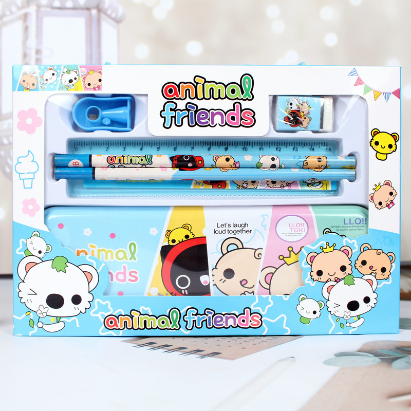 Creativo de dibujos animados estudiante papelería traje de niños portátil de seis piezas conjunto kindergarten caja de regalo Premio caja de papelería al por mayor