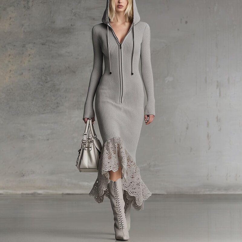 2025 Autumn European and American Cross-Border Fashion New Elegant Temperament Zipper Lapel Bell Sleeve Knitted Fishtail Skirt