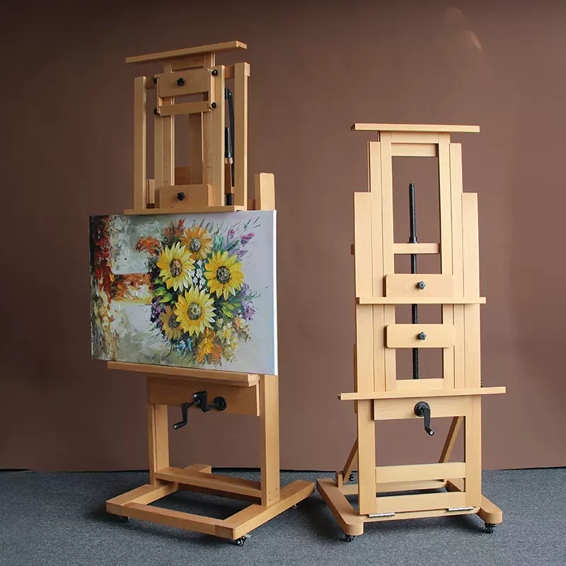 榉木制平立两用落地实木加厚款专业可调节单摇杆手摇国画大油画架