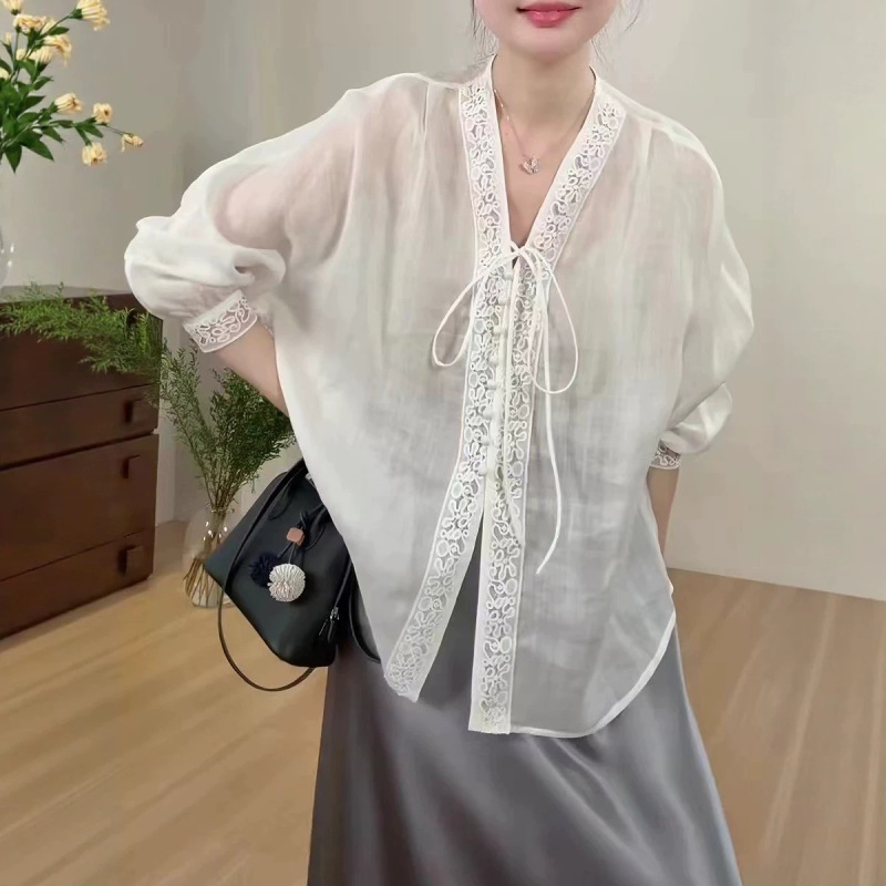 Korean Style Fashionable and Gentle V-Neck Lace Embroidered Shirt for Women, Summer Design, Lightweight, Loose, Breathable, Sun-Protective Top Korean Style Fashionable and Gentle V-Neck Lace Embroidered Shirt for Women, Summer Design, Lightweight, Loose, Breathable, Sun-Protective Top
