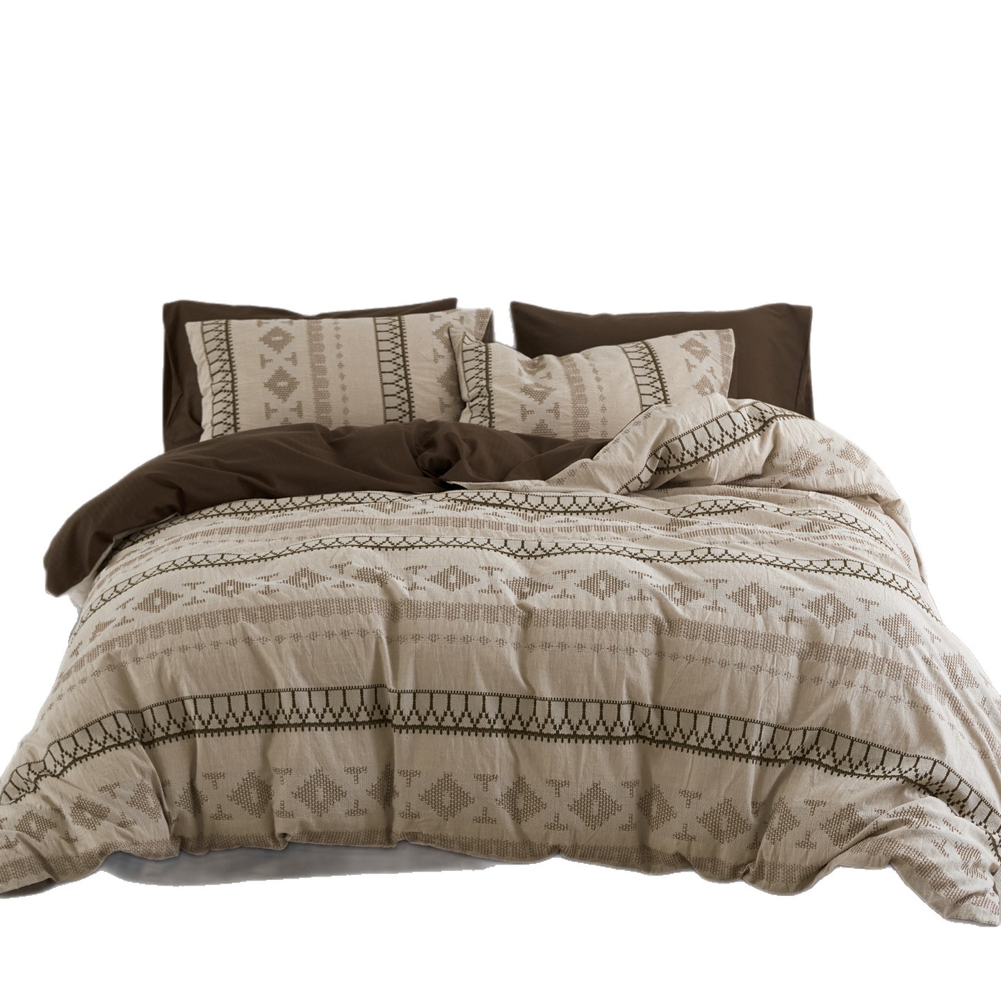 Conjunto de cama de quatro peças em algodão puro, tingido com fios, estilo nórdico francês minimalista retrô vintage, com matelassê Fair Isle e estampa jacquard. Acabamento sofisticado._voghion.com