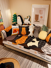 可爱卡通肥猫四季通用沙发坐垫北欧时尚猫星人背景可水洗沙发巾套