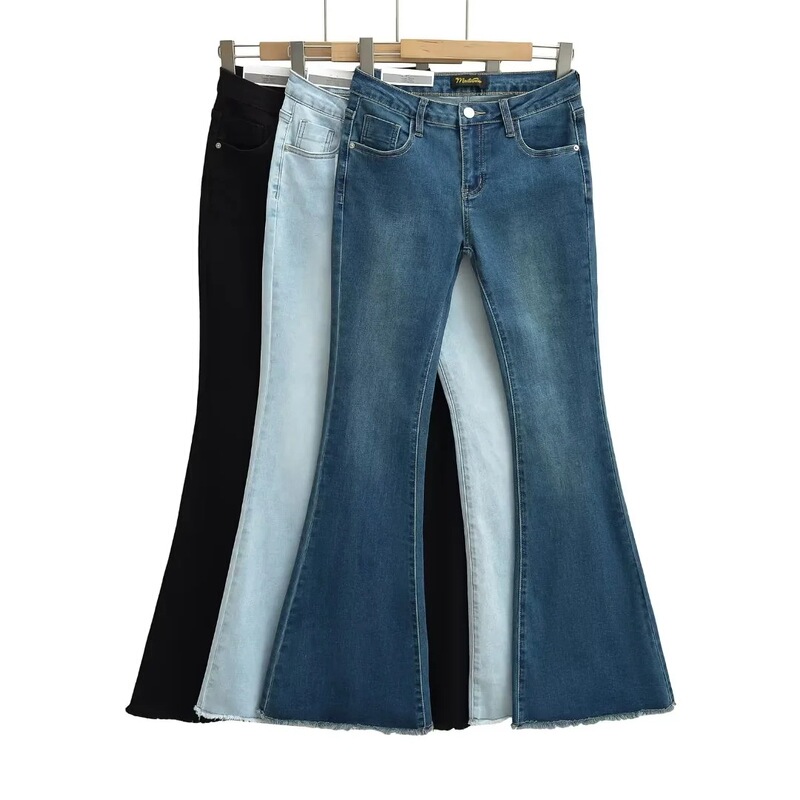 8343-24 Summer New Style European and American Style Hot Girl Frayed Slim Fit Embroidered Sexy Low Waist Slightly Flared Casual Jeans