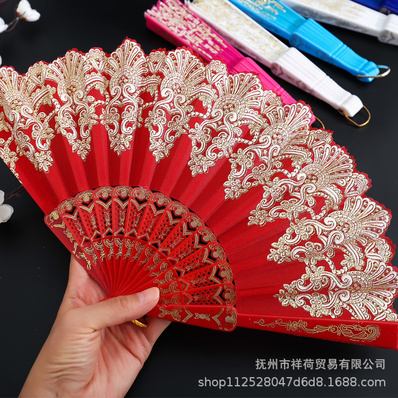 龍花扇子中國風旗袍舞蹈扇西班牙摺扇7寸燙金小玫瑰塑料網紅摺扇