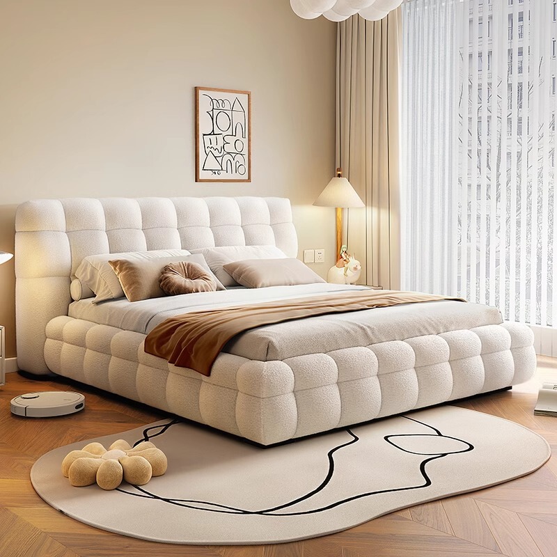 French Cream Marshmallow Fabric Bed Puff Bed Internet Red Lamb Velvet White Modern Simple Floor Master Bedroom Double French Cream Marshmallow Fabric Bed Puff Bed Internet Red Lamb Velvet White Modern Simple Floor Master Bedroom Double