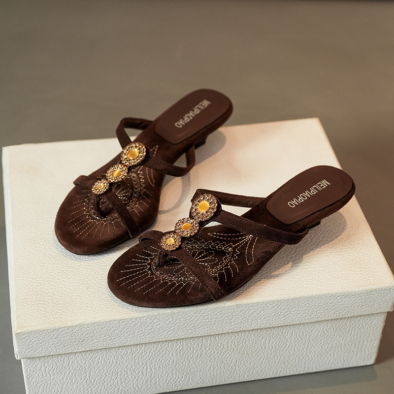 2026 New Retro Kitten Heel Flip-Flops for Women, Summer Open-Toe Sexy Sandals with Rhinestone Thong Slippers