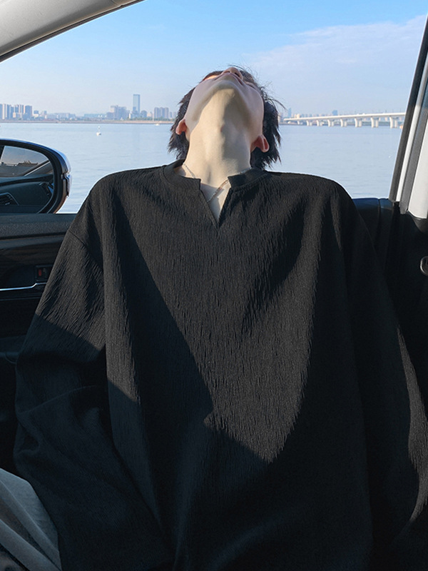 Textured V Neck Long-Sleeved T-Shirt for Men, Spring & Fall Trendy American Style Tops, Handsome and Loose Inner Layering Shirts