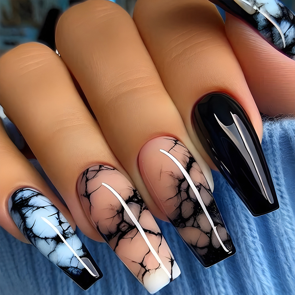 Marmol azul y negro manicure parche de uñas tipo ballet extraíble parche de uñas de venta caliente en Europa y América image 1