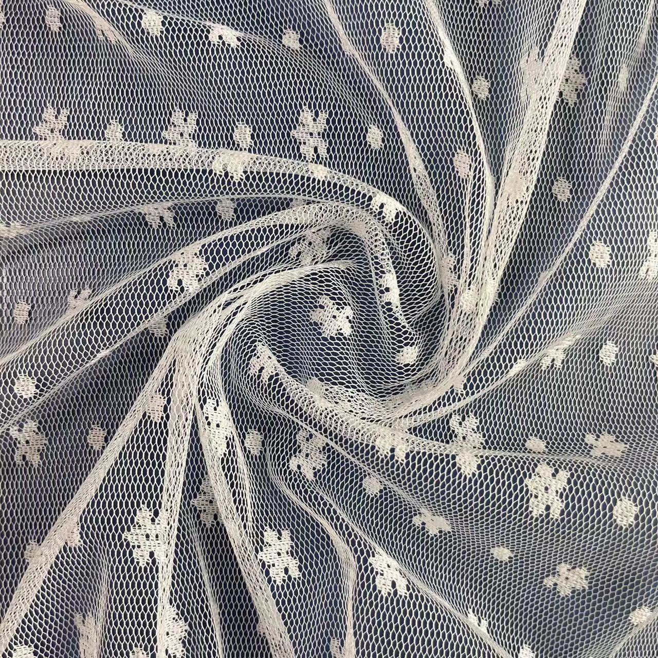 涤纶五瓣花点点提花网纱针织布料 无弹镂空睡衣婚纱蕾丝花边面料