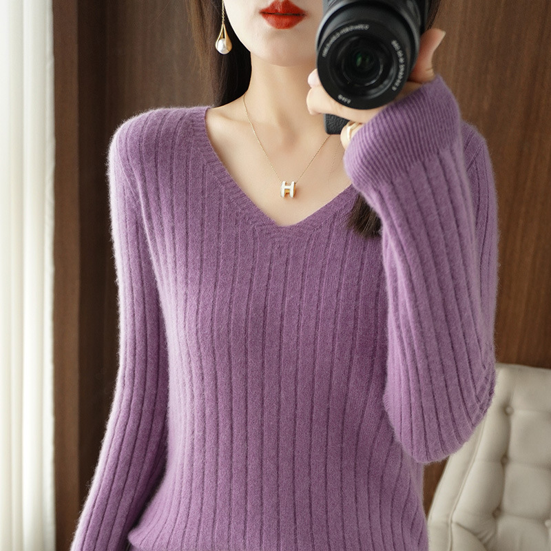 Versatile Knitted Pullover Top New Slim Fit Women's Sweater Base Shirt Slimming V-Neck Autumn Winter Ribbed Long Sleeve