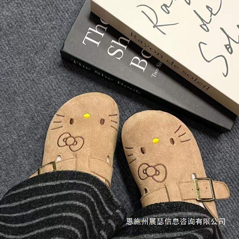 Cork Shoes Korean Version Kitty Cute Thick-Soled Birkenstock Shoes 2025 New Versatile Slip-On Closed-Toe Half-Slip Women's Shoes
