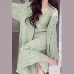 一整套早秋穿搭针织开衫外套秋冬吊带背心裙毛衣裙两件套装连衣裙