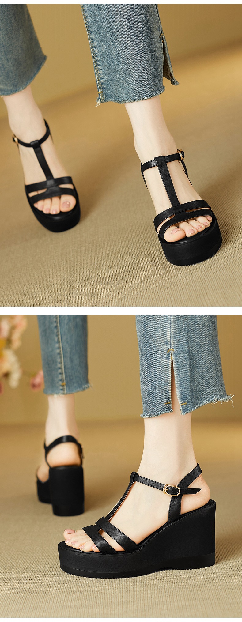 Sandal cao gót nữ mũi hở đế xuồng da bò, quai chữ T đơn giản, gót 9 cm — đen chi tiết 3
