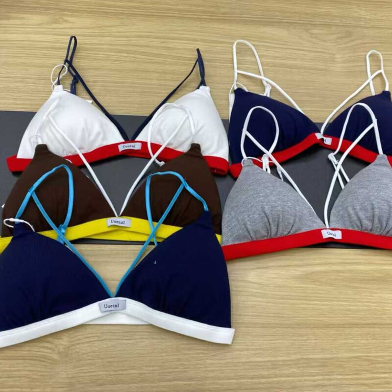 Hot Girl French-Style Color-Block Triangle Cup Bra, Small Chest Push-Up Thin Strapless Sexy Backless Bikini Lingerie Hot Girl French-Style Color-Block Triangle Cup Bra, Small Chest Push-Up Thin Strapless Sexy Backless Bikini Lingerie